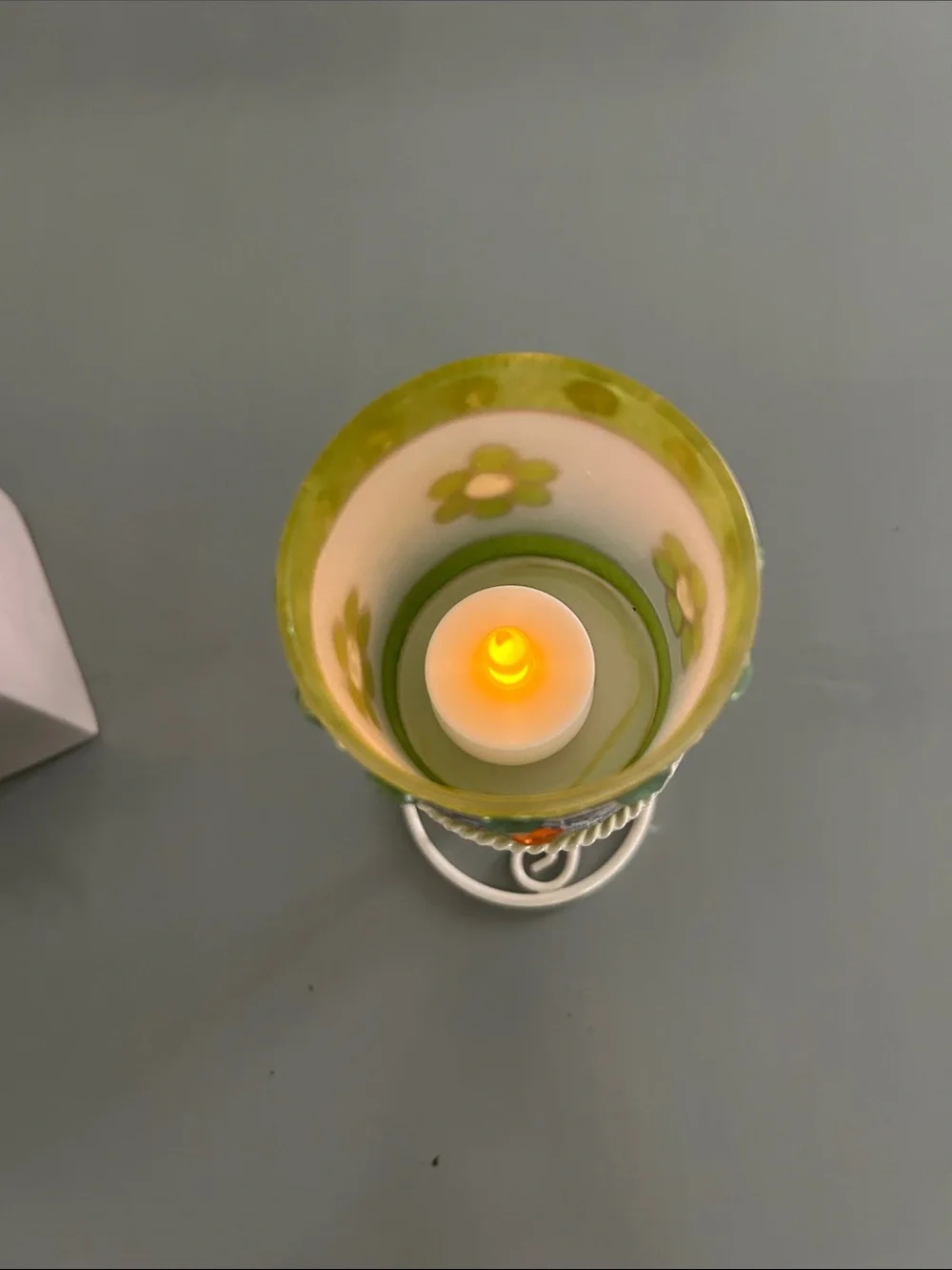 Tea Light green flowered candle holder with green gems H 8.5 inches